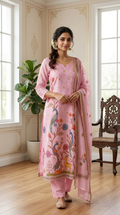 Women Baby Pink Kalamkari Peacock Print Zari Butti Kota Cotton Kurta Pant Dupatta Set