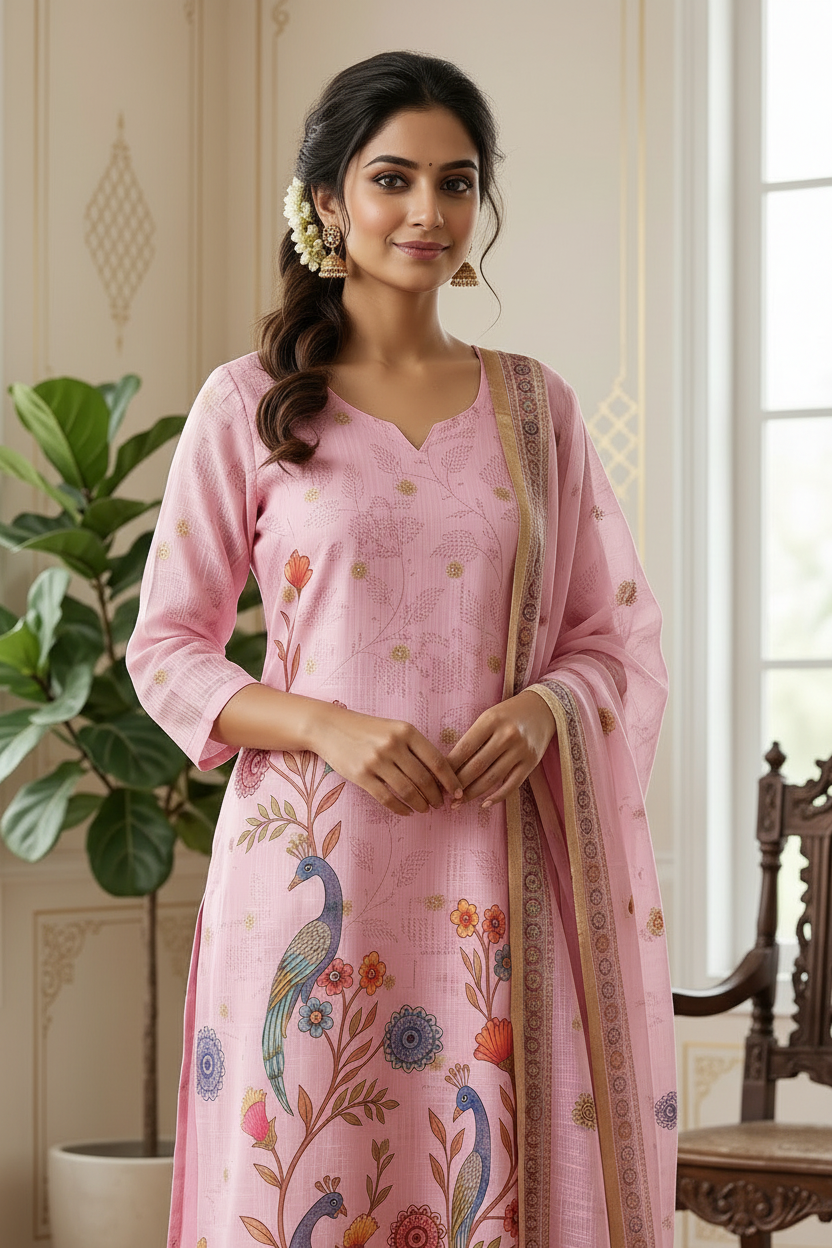 Women Baby Pink Kalamkari Peacock Print Zari Butti Kota Cotton Kurta Pant Dupatta Set