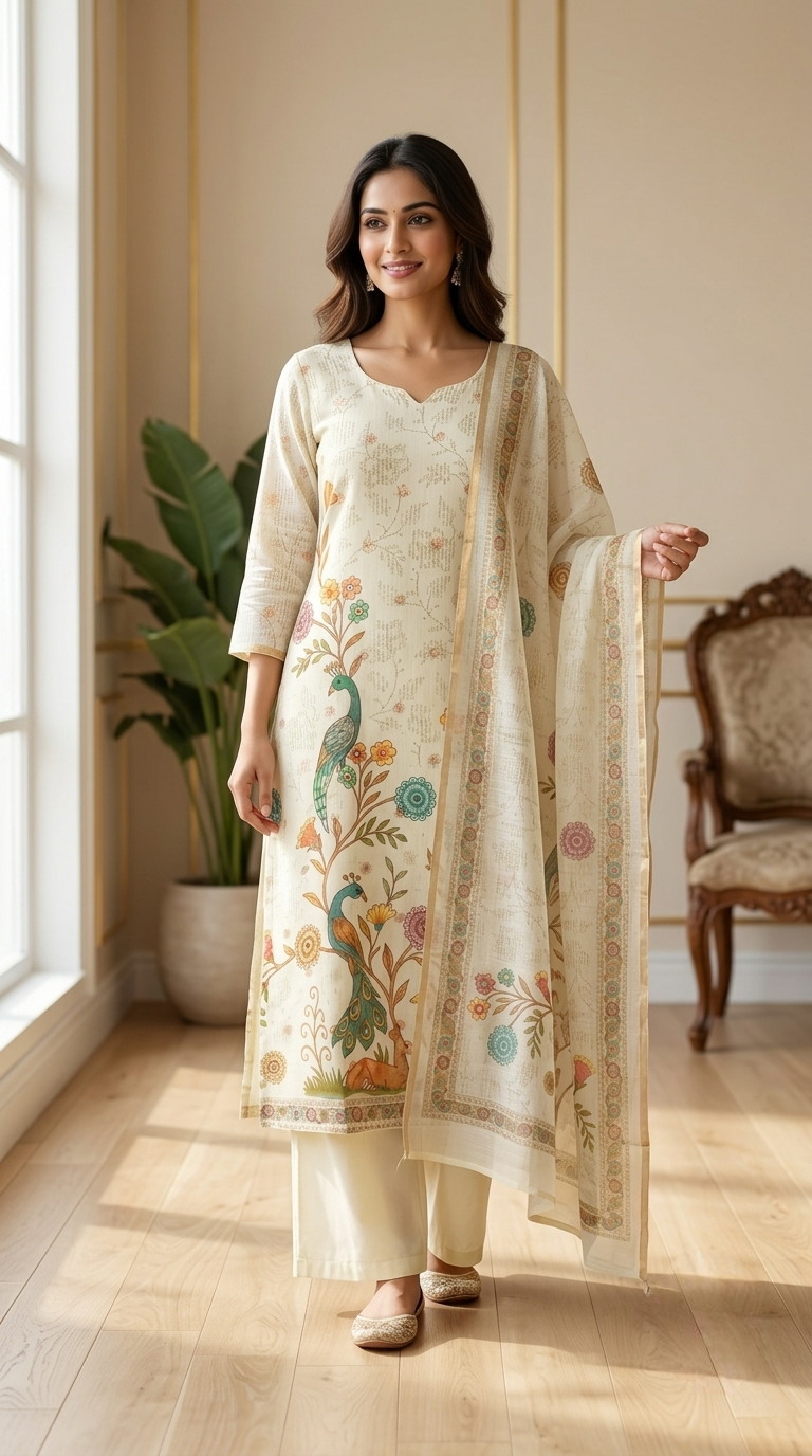 Women Lime Green Kalamkari Peacock Print Zari Butti Kota Cotton Kurta Pant Dupatta Set