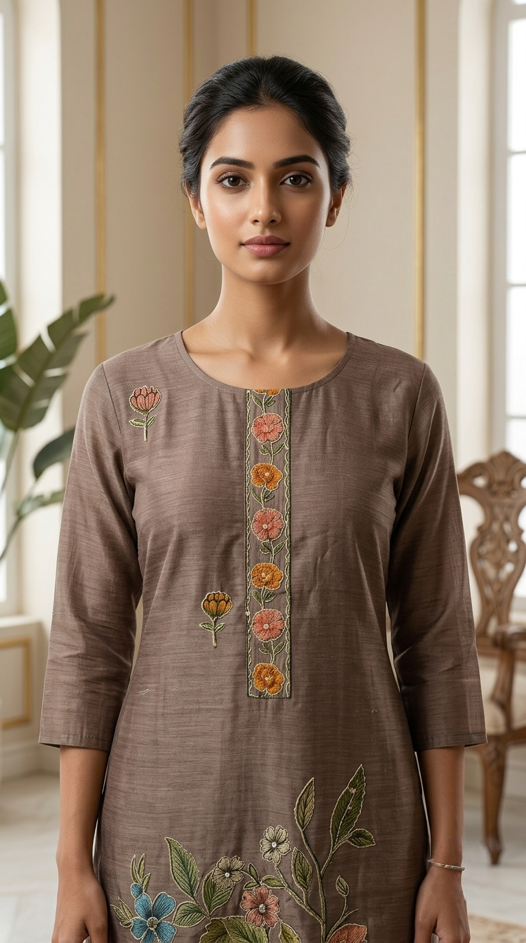 Women Brown Floral Kantha Stitch Embroidery Chanderi Silk Kurta Pant Dupatta Set
