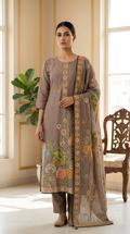 Women Brown Floral Kantha Stitch Embroidery Chanderi Silk Kurta Pant Dupatta Set