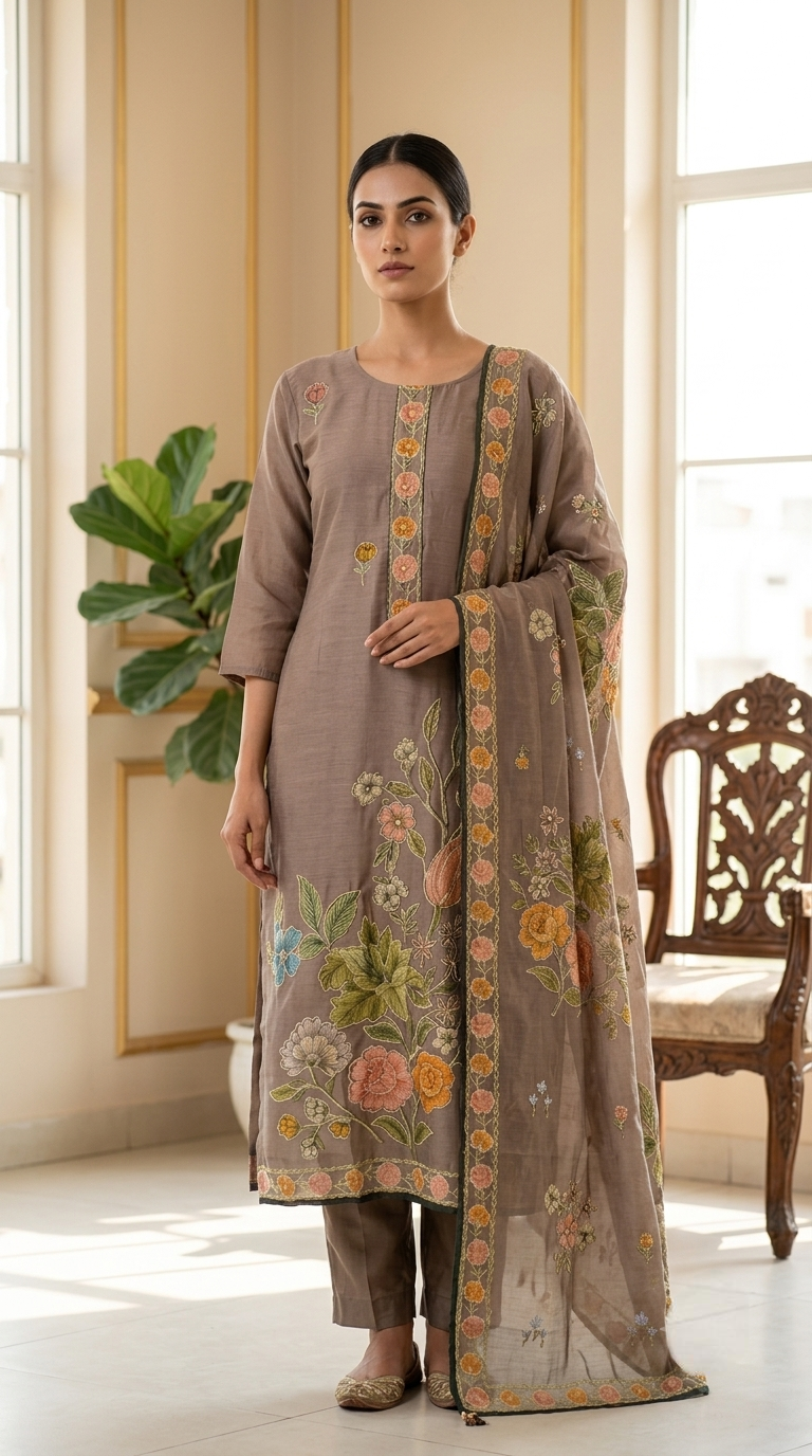 Women Brown Floral Kantha Stitch Embroidery Chanderi Silk Kurta Pant Dupatta Set