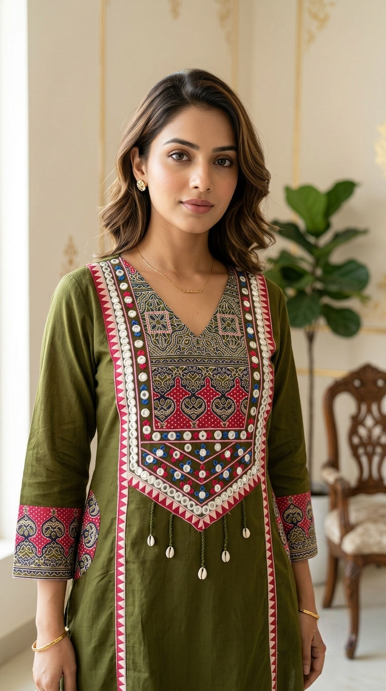 Women Mehandi Green Kutch Patch Work Embroidery Cotton Kurta Pant Dupatta Set