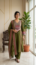 Women Mehandi Green Kutch Patch Work Embroidery Cotton Kurta Pant Dupatta Set