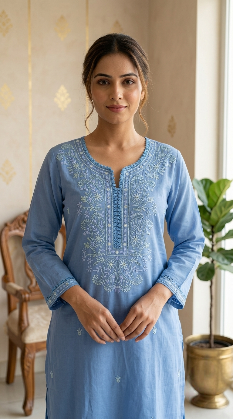 Women Sky Blue Chikankari Resham Embroidery Cotton Kurta Pant Dupatta Set