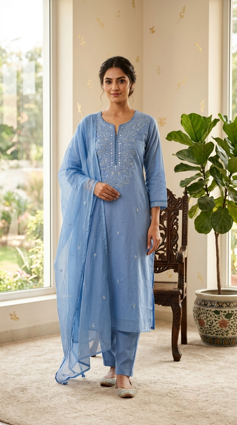 Women Sky Blue Chikankari Resham Embroidery Cotton Kurta Pant Dupatta Set