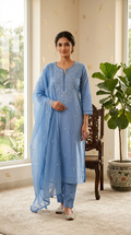Women Sky Blue Chikankari Resham Embroidery Cotton Kurta Pant Dupatta Set