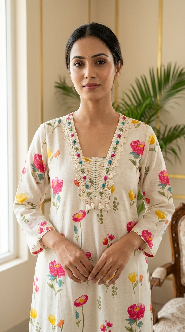 Women Off White Multicolor Floral Print Crochet Lace Bead Work Muslin Silk Kurta Pant Dupatta Set