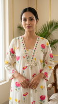 Women Off White Multicolor Floral Print Crochet Lace Bead Work Muslin Silk Kurta Pant Dupatta Set