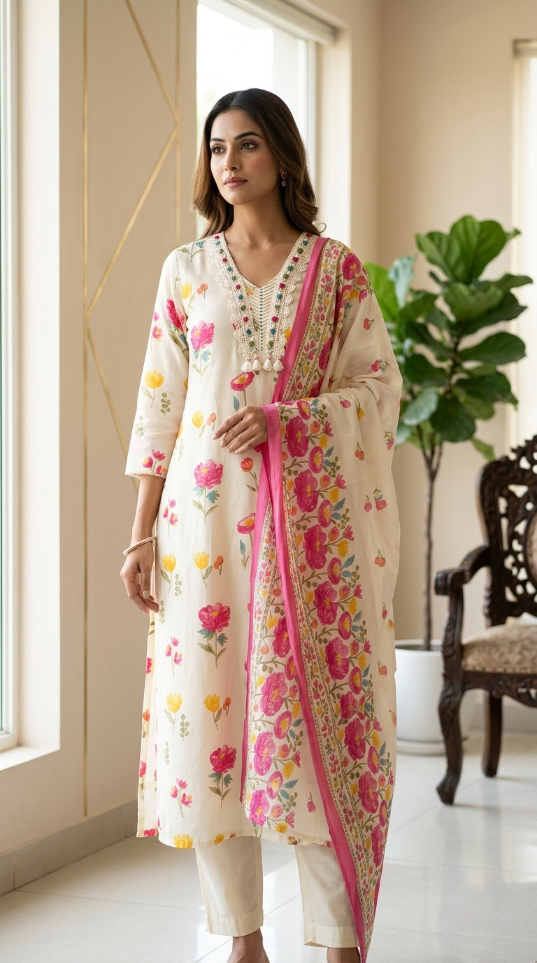 Women Off White Multicolor Floral Print Crochet Lace Bead Work Muslin Silk Kurta Pant Dupatta Set