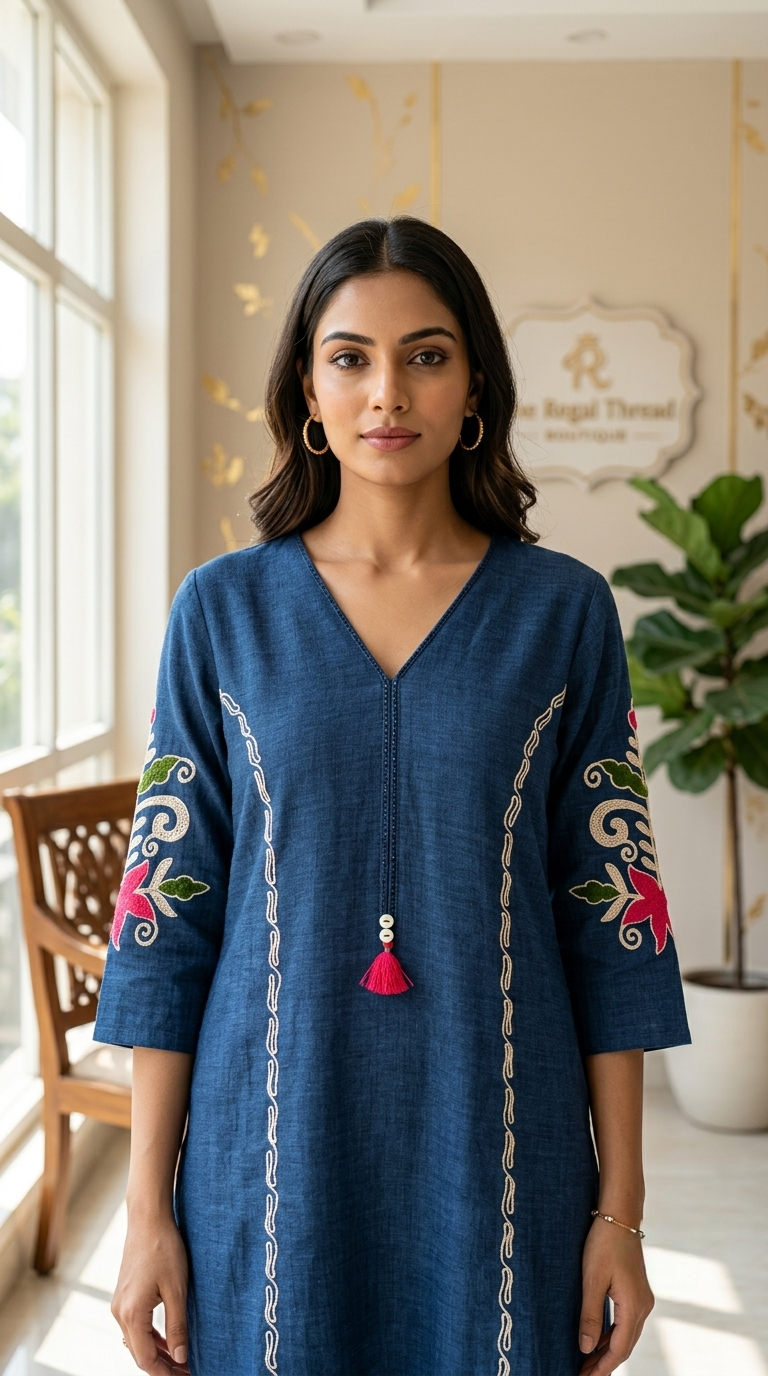 Women Navy Blue Floral Embroidery Chain Stitch Imported Cotton Kurta Palazzo Coord Set