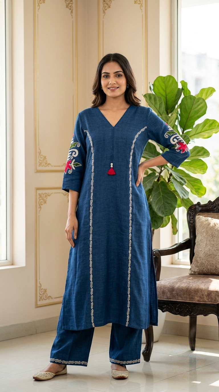 Women Navy Blue Floral Embroidery Chain Stitch Imported Cotton Kurta Palazzo Coord Set