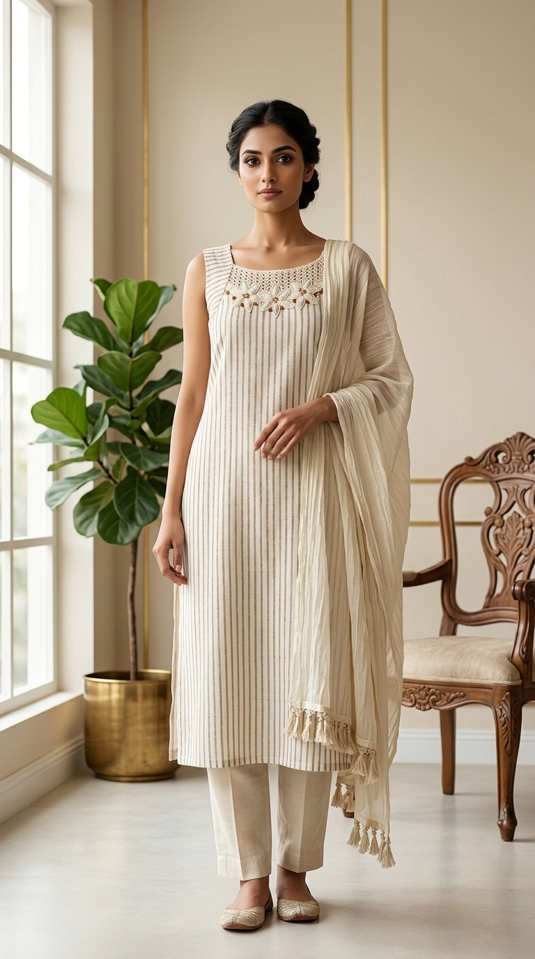 Women Off White Flower Applique Sequin Embroidery Jute Cotton Kurta Pant Dupatta Set
