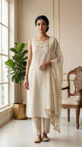 Women Off White Flower Applique Sequin Embroidery Jute Cotton Kurta Pant Dupatta Set