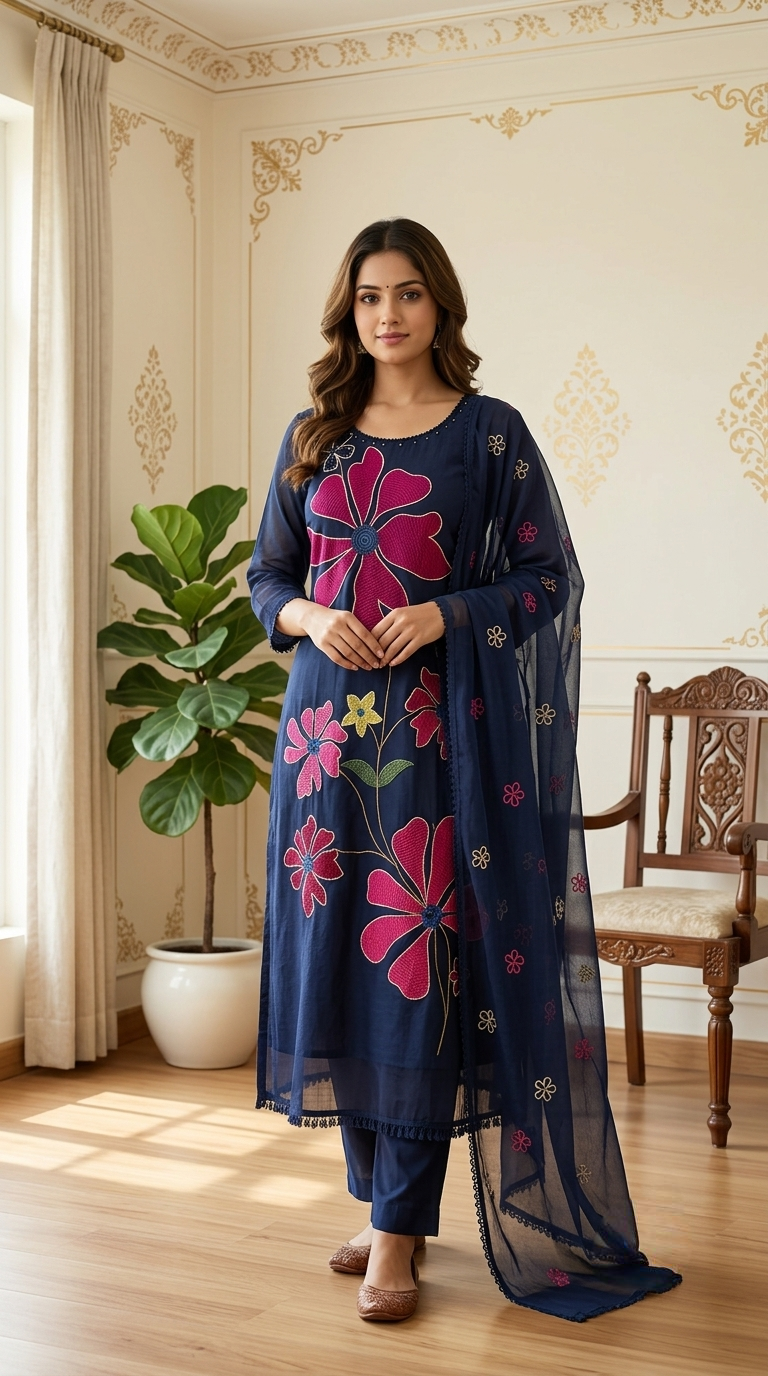 Women Navy Blue Large Floral Beads & Thread Work Mul Cotton Kurta Pant Dupatta Set