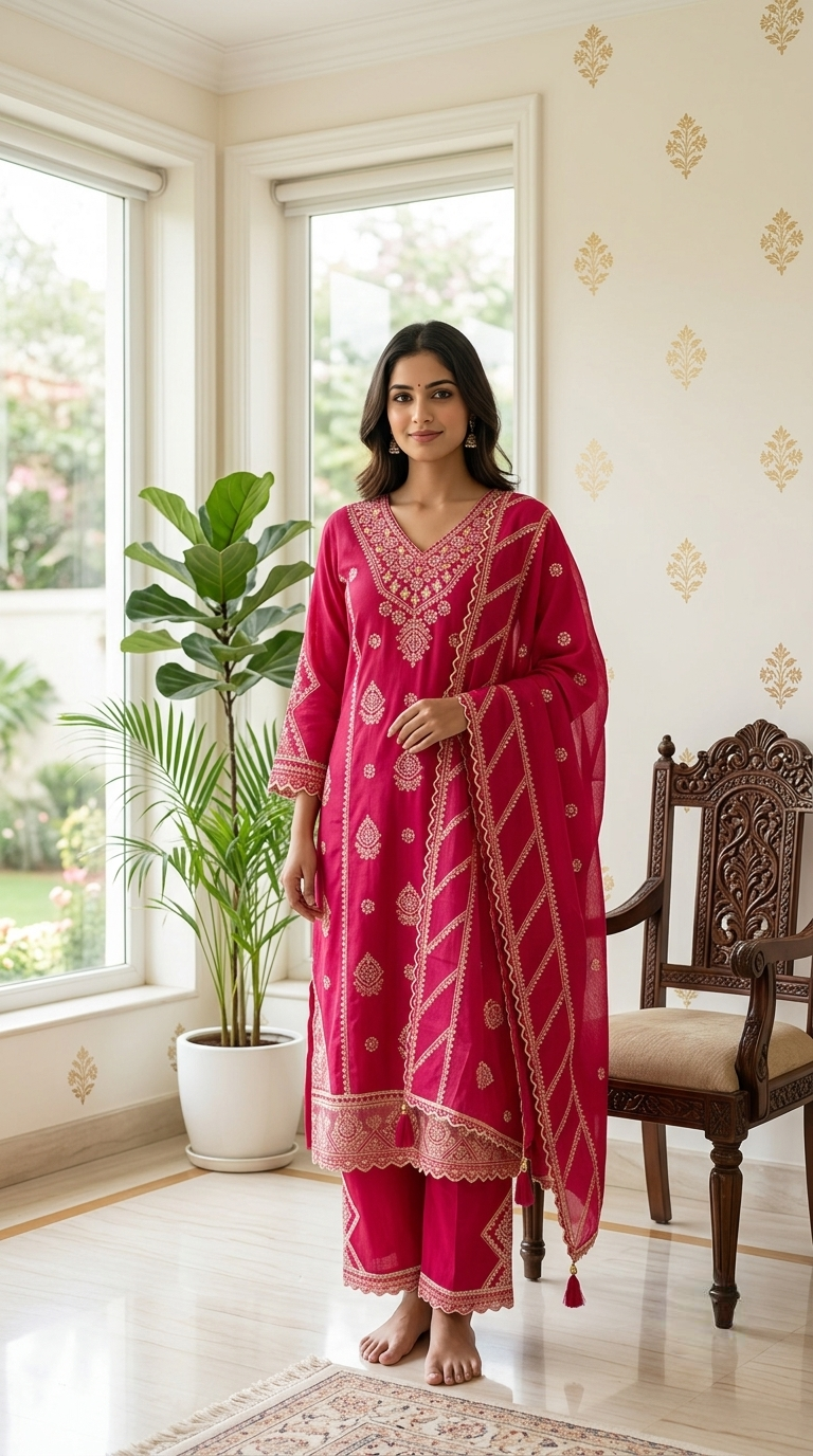 Women Magenta Pink Mirror Work Embroidered Cotton Kurta Palazzo Dupatta Set