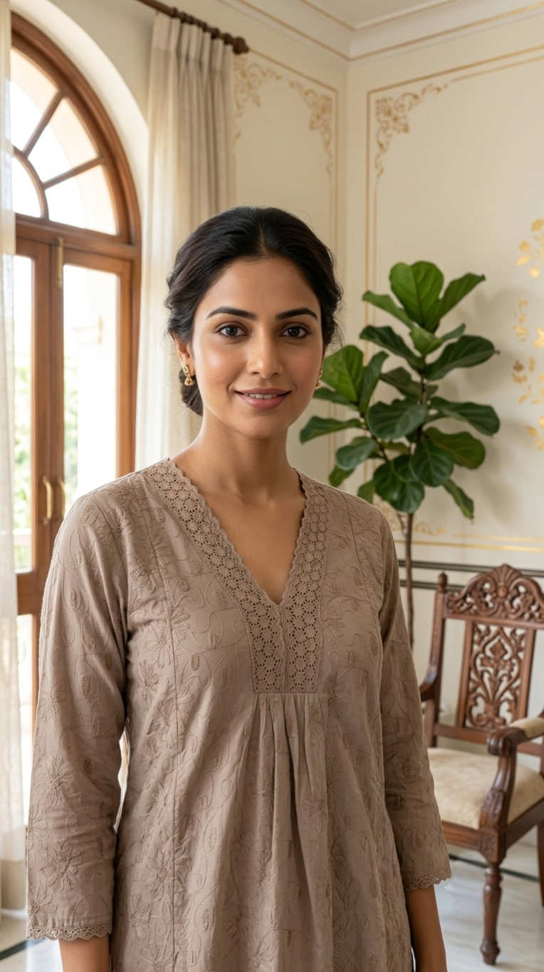 Women Mocha Brown Tonal Floral Chikankari Schiffli Embroidered Cotton Kurta Palazzo Set
