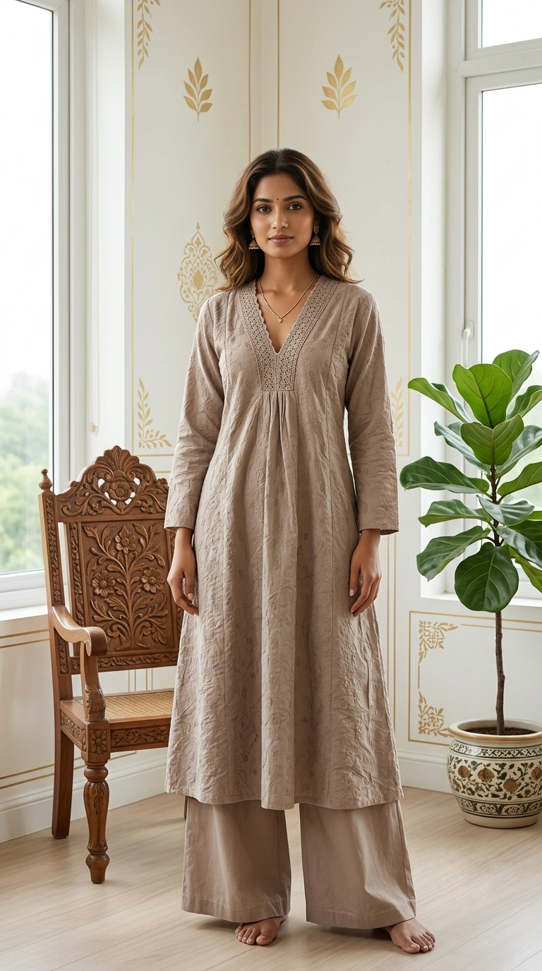 Women Mocha Brown Tonal Floral Chikankari Schiffli Embroidered Cotton Kurta Palazzo Set