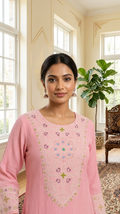 Women Rose Pink Resham Sequin Embroidered Mul Chanderi Kurta Pant Dupatta Set