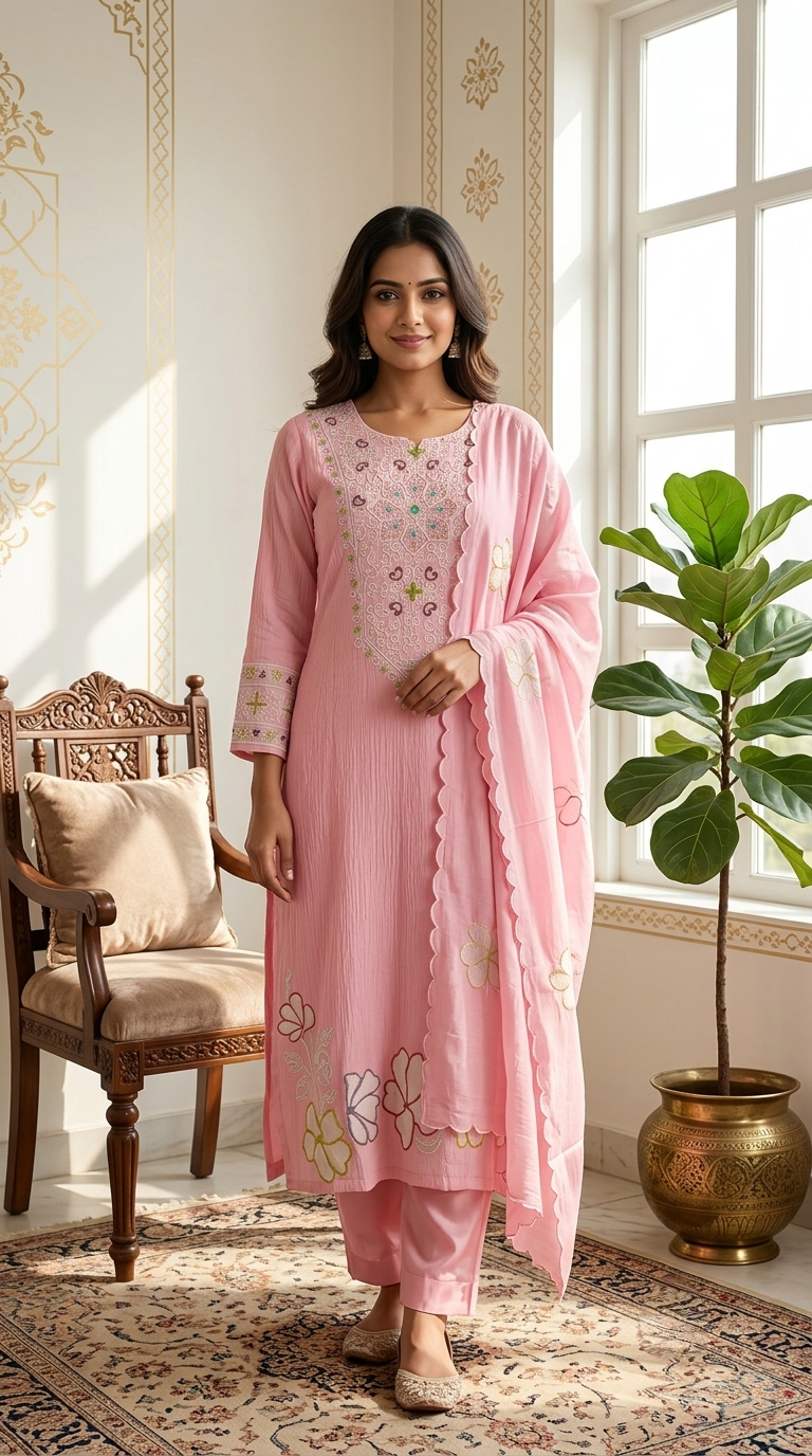 Women Rose Pink Resham Sequin Embroidered Mul Chanderi Kurta Pant Dupatta Set
