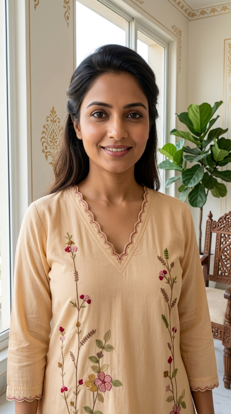 Women Beige Embroidered Cotton Kurta Pant Dupatta Set