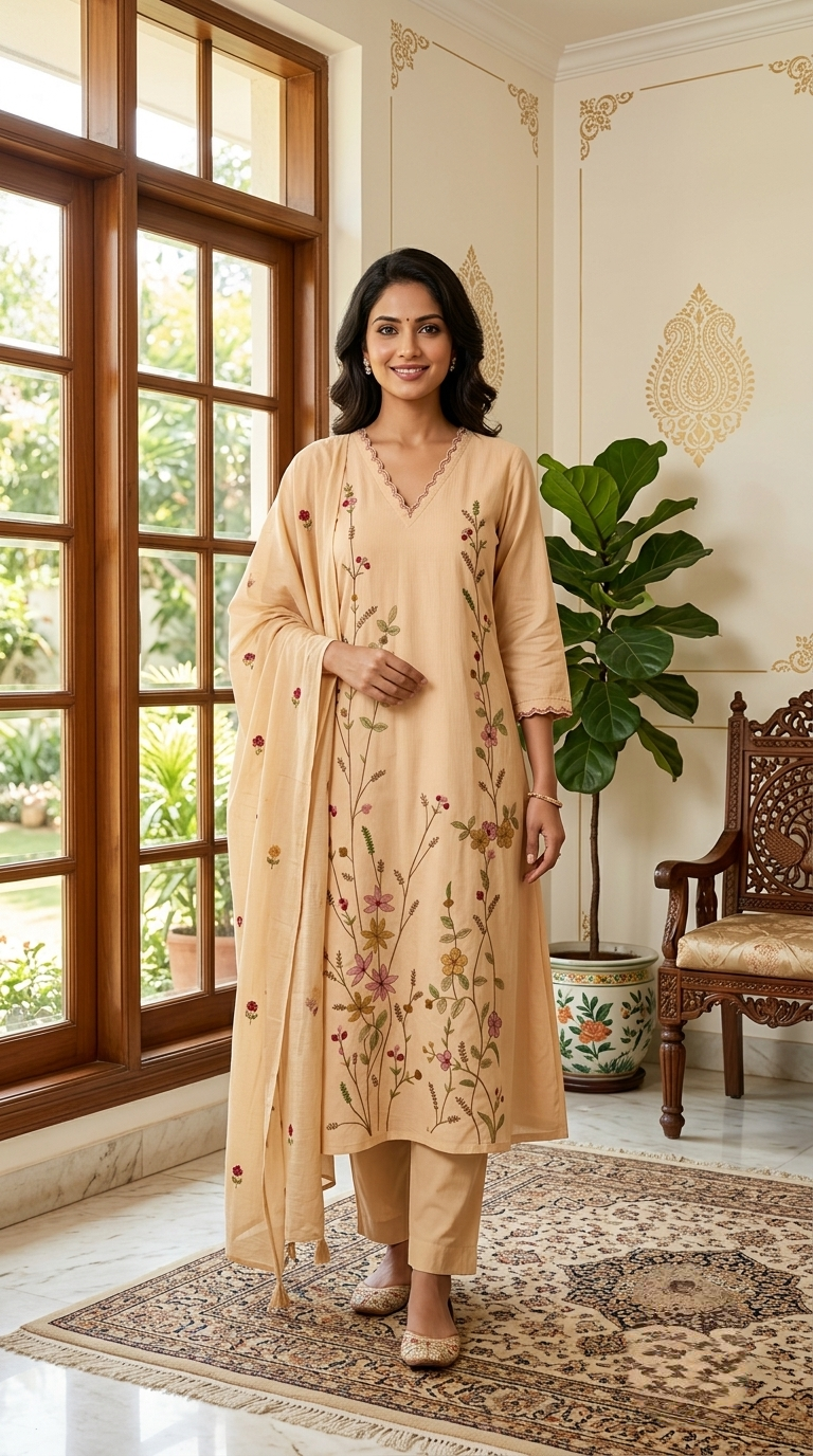 Women Beige Embroidered Cotton Kurta Pant Dupatta Set