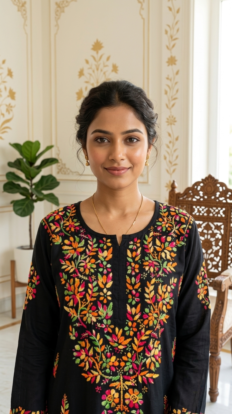 Women Jet Black Kashmiri Floral Resham Embroidered Cotton Kurta