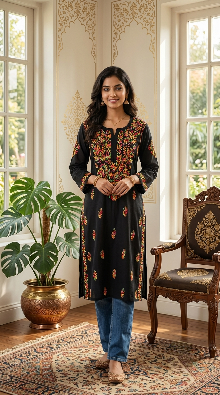 Women Jet Black Kashmiri Floral Resham Embroidered Cotton Kurta