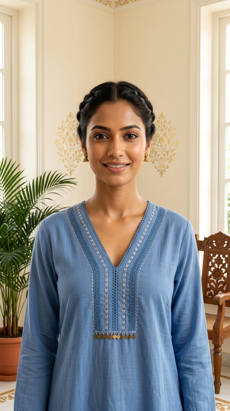 Women Sky Blue Kantha Stitch Coin Tassel Embroidered Cotton Kurta Palazzo Set