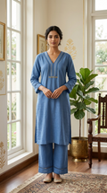 Women Sky Blue Kantha Stitch Coin Tassel Embroidered Cotton Kurta Palazzo Set