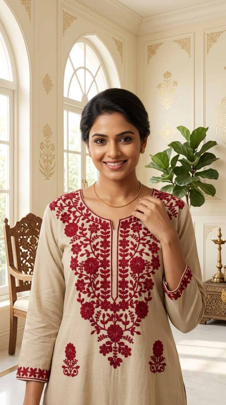 Women Beige Lucknawi Chikankari Cotton Kurta Pant Dupatta Set