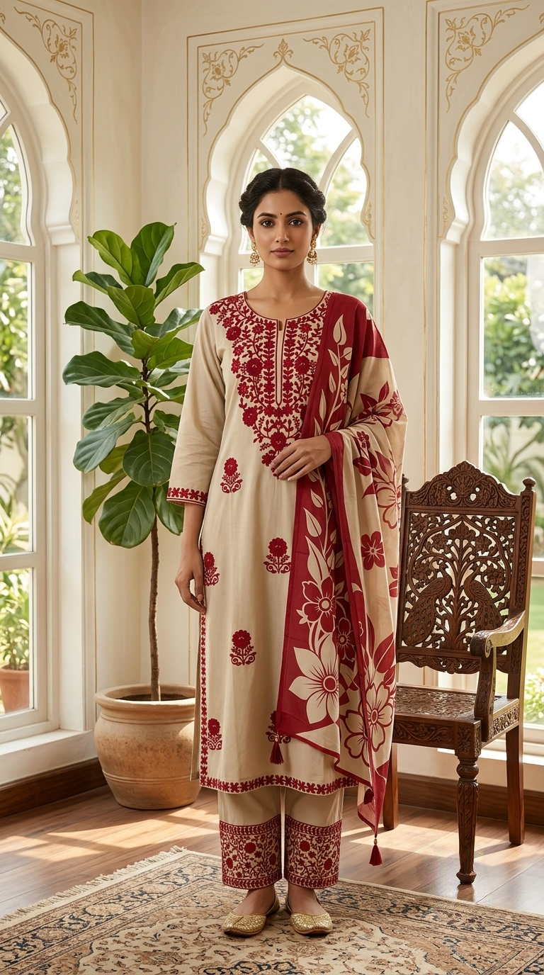 Women Beige Lucknawi Chikankari Cotton Kurta Pant Dupatta Set