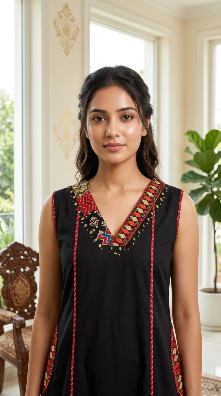 Women Black Patch Mirror Work Sleeveless Cotton Kurta Palazzo Dupatta Set