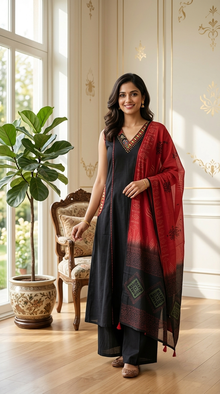 Women Black Patch Mirror Work Sleeveless Cotton Kurta Palazzo Dupatta Set
