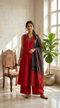 Women Red Patch Mirror Work Sleeveless Cotton Kurta Palazzo Dupatta Set