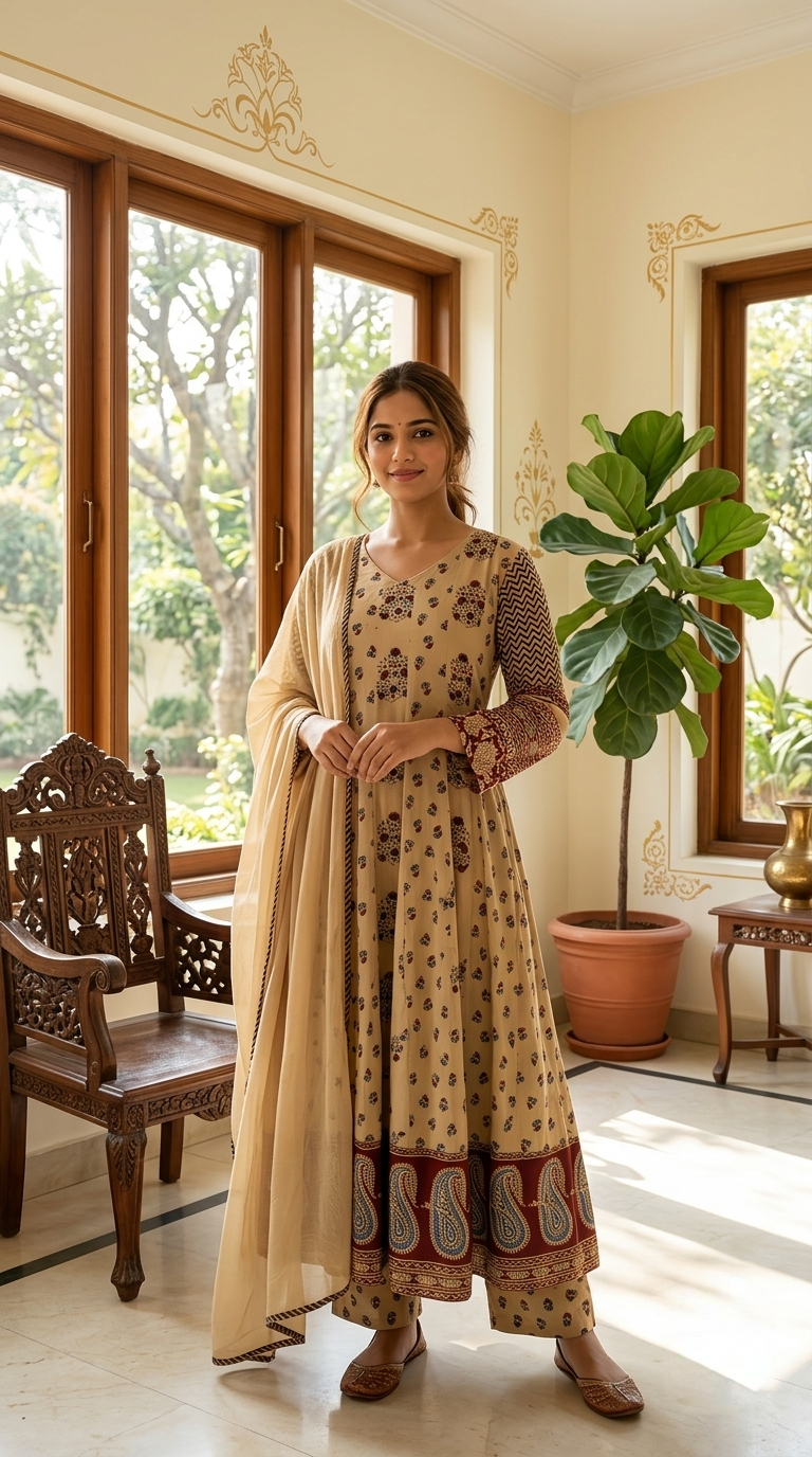 Women Beige Booti Block Print Anarkali Cotton Kurta Pant Dupatta Set