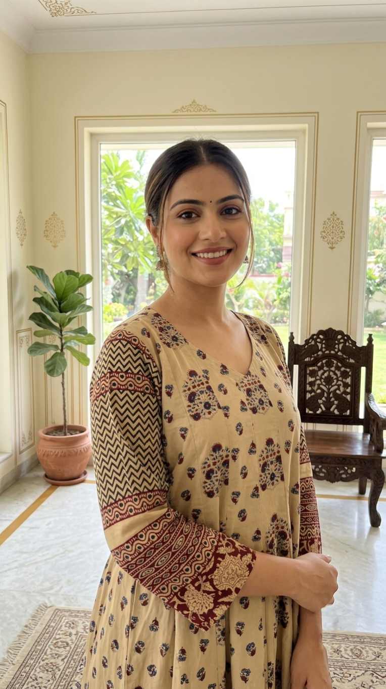 Women Beige Booti Block Print Anarkali Cotton Kurta Pant Dupatta Set