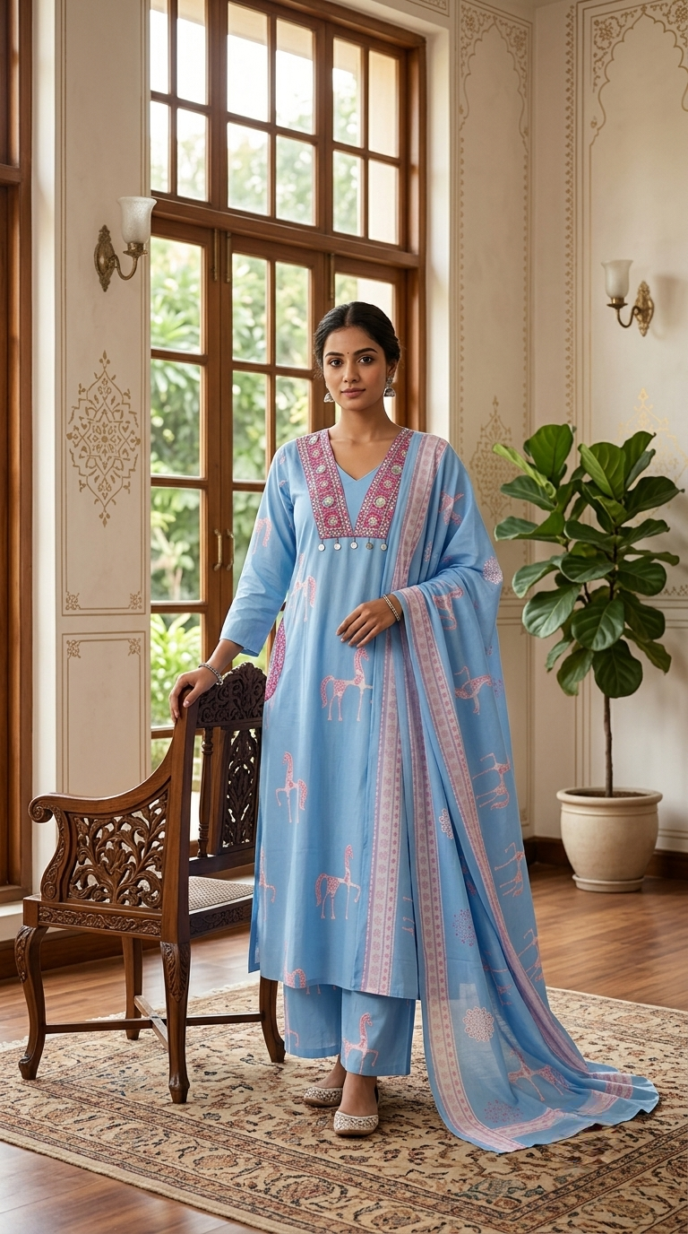 Women Sky Blue Printed Mirror Work Cotton Kurta Pant Dupatta Set