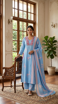 Women Sky Blue Printed Mirror Work Cotton Kurta Pant Dupatta Set