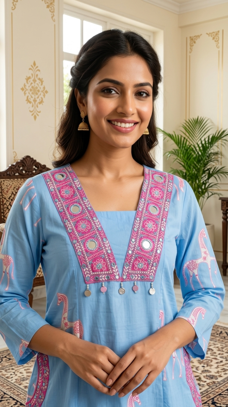 Women Sky Blue Printed Mirror Work Cotton Kurta Pant Dupatta Set