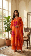 Women Orange Floral Applique Schiffli Cotton Kurta Palazzo Dupatta Set