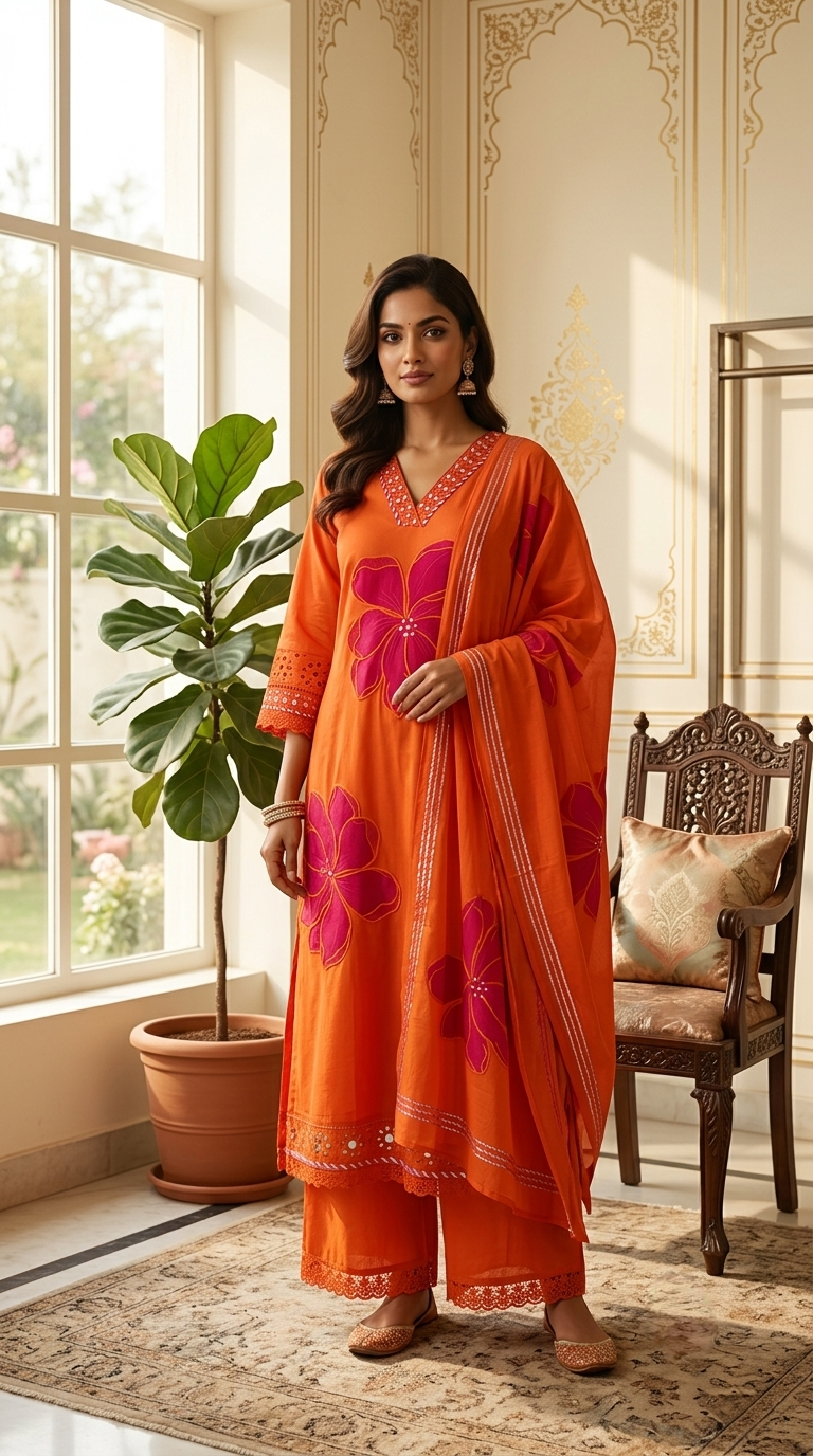 Women Orange Floral Applique Schiffli Cotton Kurta Palazzo Dupatta Set
