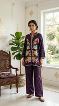 Women Dark Plum Purple Multicolour Kashmiri Floral Resham Embroidered Silk Coord Set