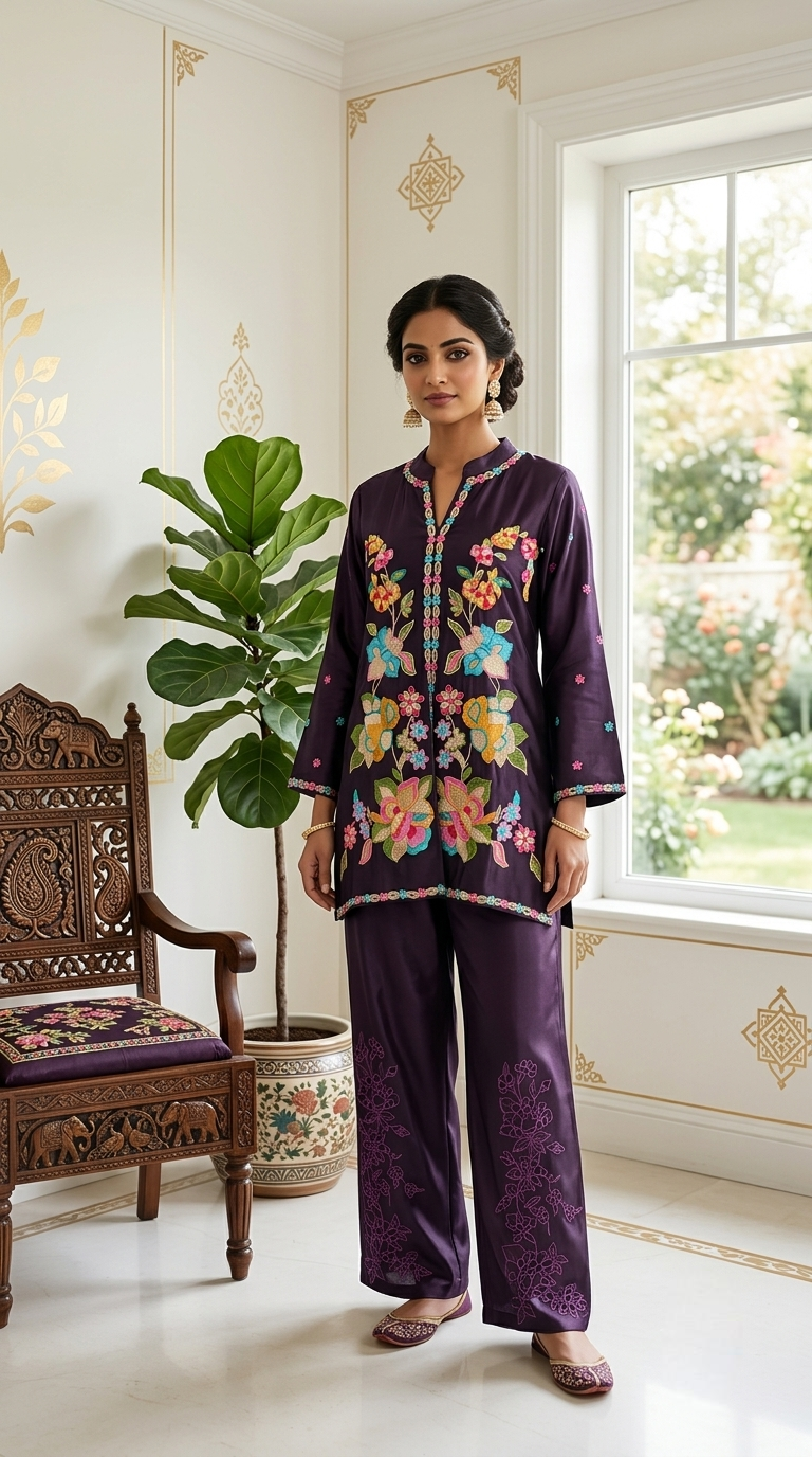 Women Dark Plum Purple Multicolour Kashmiri Floral Resham Embroidered Silk Coord Set