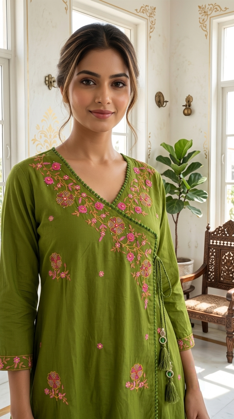 Women Olive Green Floral Embroidered Angrakha Cotton Kurta Pant Dupatta Set