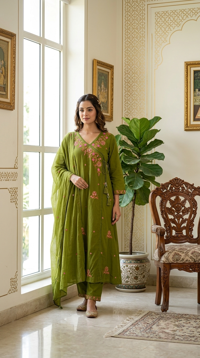 Women Olive Green Floral Embroidered Angrakha Cotton Kurta Pant Dupatta Set
