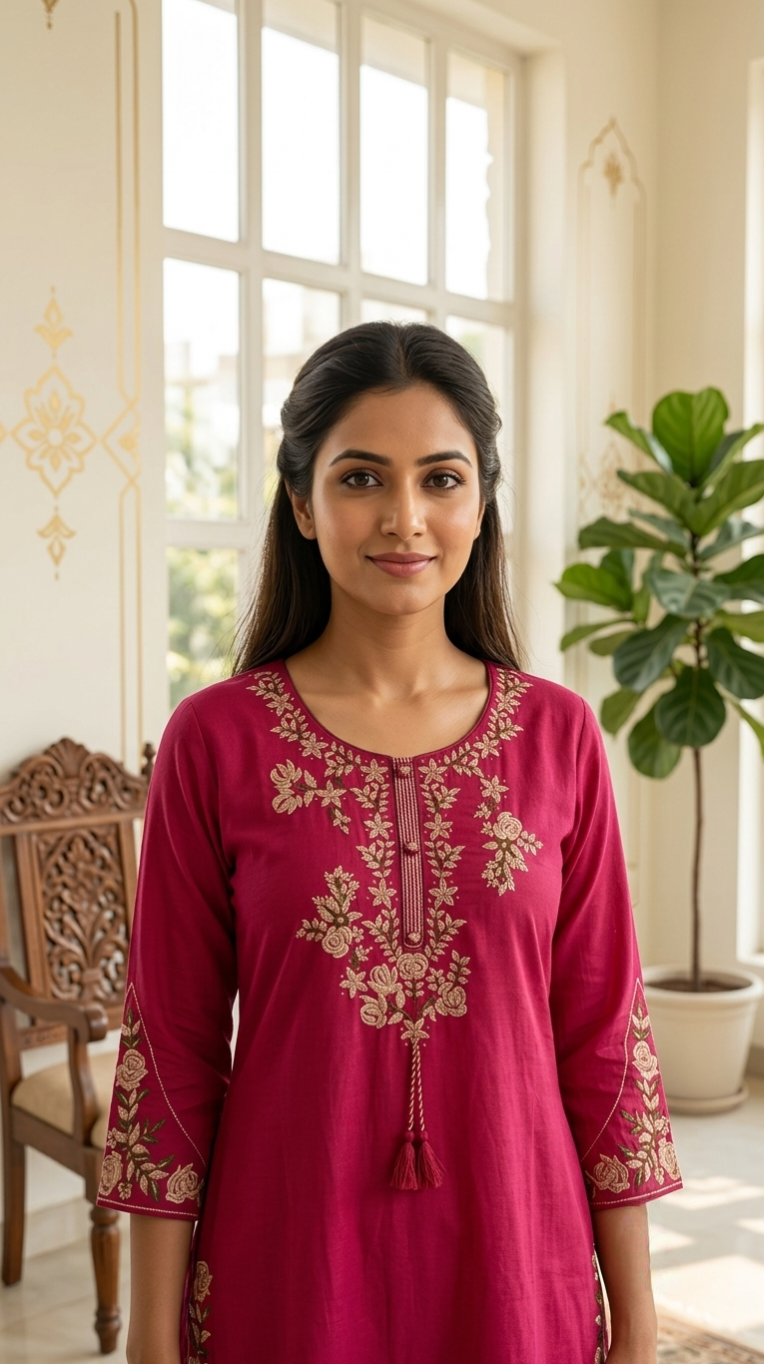 Women Rani Pink Thread Floral Embroidered Cotton Kurta Pant Dupatta Set