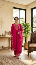 Women Rani Pink Thread Floral Embroidered Cotton Kurta Pant Dupatta Set