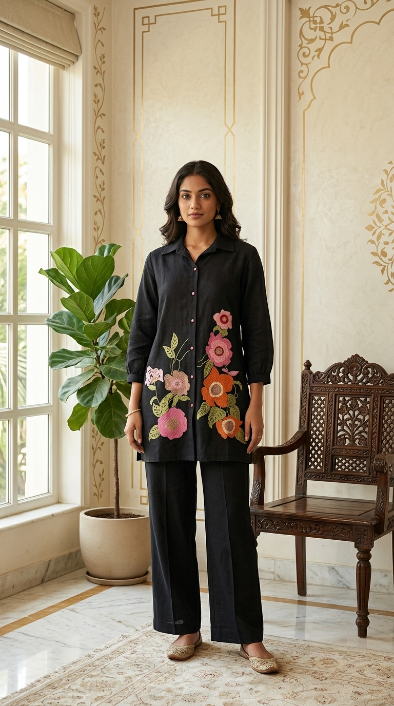 Women Black Thread Embroidered Cotton Coord Set