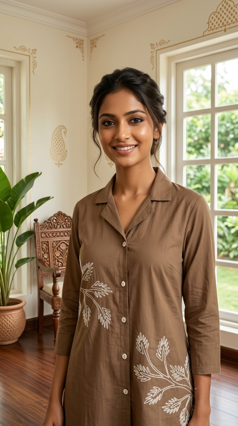 Women Brown Embroidered Cotton Coord Set